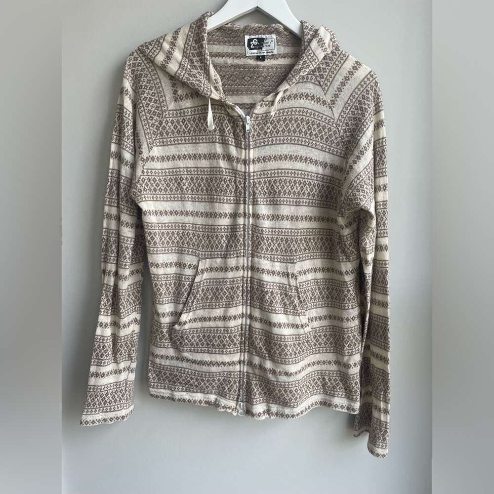 Engineered Garments Mens Zip up Knit Jacket Beige White Geometric Pattern Large